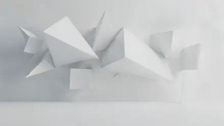 4K Ultra HD PC desktop wallpaper, white aesthetic: abstract 3D white geometric shapes float above a minimal white surface with soft shadows and a clean, modern composition.