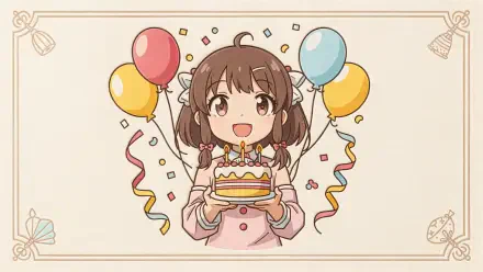 4K Ultra HD anime desktop wallpaper: cheerful girl in pigtails holding a birthday cake, surrounded by balloons, streamers and confetti on a pastel background.