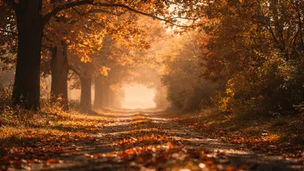 Autumn aesthetic 4K Ultra HD PC desktop wallpaper background: sunlit tree-lined path with warm mist and golden-orange leaves carpeting the trail.