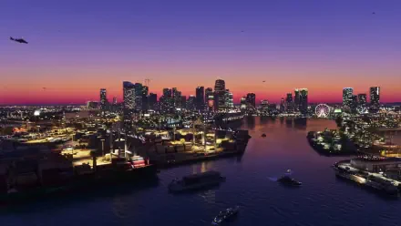 Grand Theft Auto VI 2K Quad HD PC desktop wallpaper and background — sunset over a neon-lit coastal metropolis, harbor with boats, skyline and ferris wheel reflected in calm water.