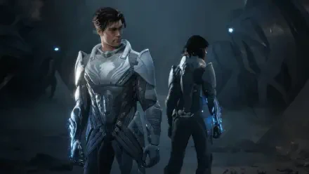 Exodus (2027) video game 4K Ultra HD PC wallpaper: two armored futuristic operatives stand back-to-back in a dim, blue-lit cavern, their glowing combat suits and tech visors prominent.