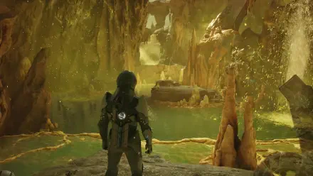 HD PC desktop wallpaper from Exodus (2027 video game): armored explorer stands in a glowing cavern above green pools, crystalline stalactites and alien rock formations.