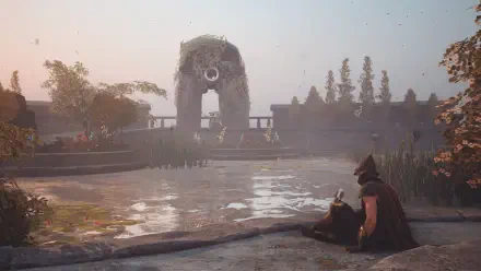 Soulframe video game 4K Ultra HD PC desktop wallpaper and background: cloaked warrior and companion by a reflective pool gazing at a mossy stone arch and distant ruins at dusk.