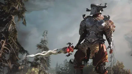 Soulframe video game 4K Ultra HD PC desktop wallpaper and background: armored warrior with ornate, flowing blade stands on a misty cliff overlooking a dark forest and stormy sky.