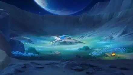4K Ultra HD PC desktop wallpaper — Genshin Impact (video game) Luna VIII: a sleek spacecraft rests in a glowing crater under a giant blue planet, surrounded by luminescent flora.