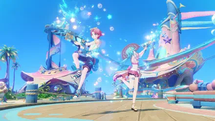 Video game Genshin Impact — Luna VIII 4K Ultra HD PC desktop wallpaper: two characters dancing on a pastel seaside festival stage, surrounded by magical sparkles under a bright blue sky.