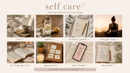 Self-care 4K Ultra HD PC desktop wallpaper and background: warm collage of cozy bed and tea, skincare, journals, sunset yoga, books, candles, affirmations and gentle daily prompts.