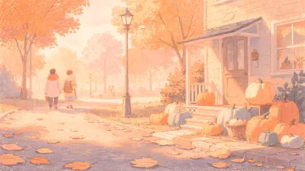 October aesthetic 4K Ultra HD PC desktop wallpaper and background — pastel autumn street: pumpkins on a porch, scattered leaves, lamppost glow, and two figures strolling in warm golden light.
