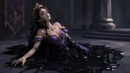 4K Ultra HD PC Desktop Wallpaper and Background: stylized queen in a purple gown sinking into black crystalline shards across a dim, moody throne room.
