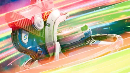 4K Ultra HD PC desktop wallpaper and background showing a sleek Starseeker ship from Starseeker: Astroneer Expeditions streaking through neon trails in a vibrant video game scene.