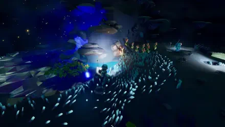 HD PC desktop wallpaper and background for the video game Starseeker: Astroneer Expeditions — astronaut explores a bioluminescent alien shoreline with glowing flora, ships and a starry sky.