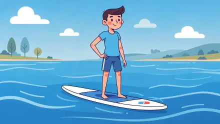 4K Ultra HD PC desktop wallpaper and background: cartoon young man standing on a paddle board on calm blue water with distant shore and clouds.