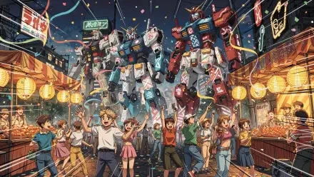 4K Ultra HD PC desktop wallpaper and background: vibrant night festival with two towering mecha robots above lantern-lit stalls, cheering crowds, confetti and neon signs.
