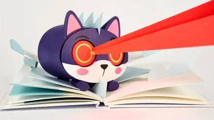 Purple cartoon cat with glowing red laser eyes firing beams while perched on an open book — 4K Ultra HD PC desktop wallpaper/background.