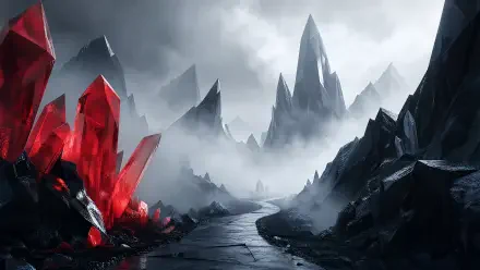 Foggy mountain pass with jagged peaks and crimson crystals beside a cracked stone path — 4K Ultra HD PC desktop wallpaper and background.