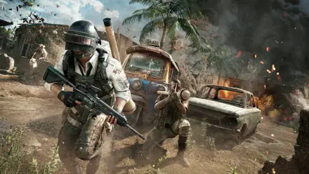 PlayerUnknown's Battlegrounds video game action: armed soldiers sprint amid burning cars, smoke and palm trees on a tropical battleground — 4K Ultra HD PC desktop wallpaper/background.