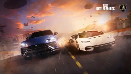 4K Ultra HD PC desktop wallpaper of the video game PlayerUnknown's Battlegrounds: two sports cars racing down a sunlit road as parachutes descend over a war-torn landscape.