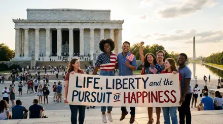 5K Ultra HD desktop wallpaper: diverse group at the Lincoln Memorial waving flags, holding a banner reading LIFE, LIBERTY and the PURSUIT of HAPPINESS.