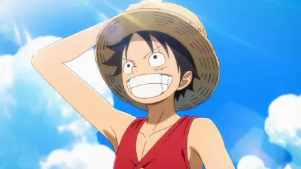 HD PC desktop wallpaper: Monkey D. Luffy from One Piece smiling broadly in his straw hat against a bright blue sky