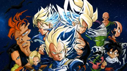 HD PC Dragon Ball Z desktop wallpaper showing Goku, Vegeta and Trunks in Super Saiyan form with Android 16 and other Z fighters posed against a starry night sky.