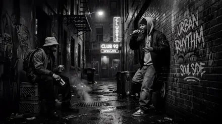 Hip Hop 5K Ultra HD PC desktop wallpaper and background — black-and-white alley scene with two rappers, graffiti reading Urban Rhythm / Soul Side and a neon Club 92 sign