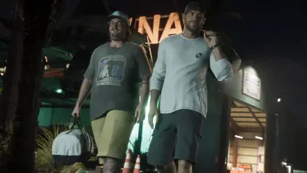 Video game 4K Ultra HD PC desktop wallpaper from Grand Theft Auto VI: Cal Hampton and a companion walk at night past neon signs, one carrying a duffel bag in a moody, cinematic city scene.
