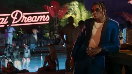Video game 4K Ultra HD PC desktop wallpaper: Grand Theft Auto VI — DreQuan Priest in a blue suit and sunglasses at a neon-lit pool party.