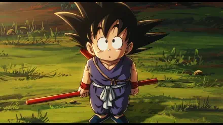 HD PC desktop wallpaper of kid Goku from Dragon Ball: anime-style scene of him on grass at sunset holding his red Power Pole, looking up with wide eyes.