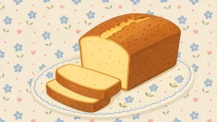 Illustrated pound cake with two slices on a floral china plate, pastel flower backdrop — 4K Ultra HD PC desktop wallpaper & background.