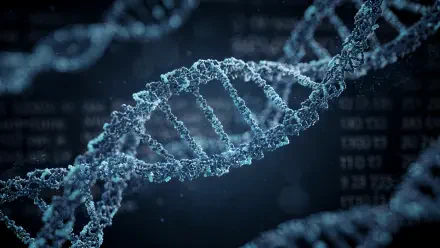 Blue digital close-up of a DNA double helix representing genetic code; 4K Ultra HD PC desktop wallpaper background.