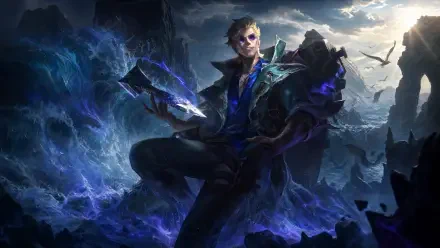 Locke (League of Legends) 4K Ultra HD PC wallpaper: a roguish, cloaked figure conjuring crackling purple-blue magic over jagged, stormy cliffs.