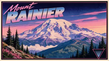 Retro-style 4K Ultra HD PC desktop wallpaper of Mount Rainier at sunset: snow-capped peak above forested ridges, pink and purple sky and stylized typography.