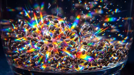 Macro view of chia seeds suspended in water with exploding rainbow light refractions — 5K Ultra HD PC desktop wallpaper/background.