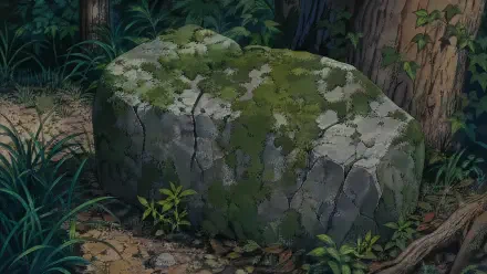 Mossy stone on a shaded forest floor — cracked rock with green moss, small plants and ferns; 4K Ultra HD PC desktop wallpaper and background.