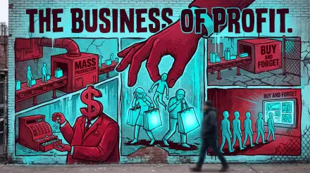 5K Ultra HD PC desktop wallpaper: stylized mural THE BUSINESS OF PROFIT with dollar-headed boss and giant hand puppeteering shoppers among BUY AND FORGET shelves — commercial exploitation.