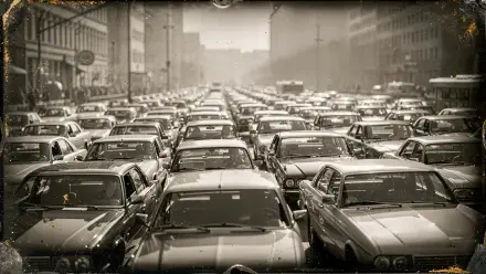 4K Ultra HD PC desktop wallpaper showing a sepia-toned urban traffic jam, rows of cars filling multiple lanes as the city street fades into the distance.