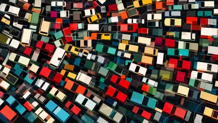 4K Ultra HD PC desktop wallpaper and background showing a traffic jam: aerial, mosaic-like pattern of densely packed, multicolored cars.