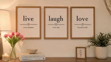 4K Ultra HD PC desktop wallpaper and background: three framed prints reading live, laugh, love above a cozy desk with tulips, books and a potted plant in warm neutral tones.