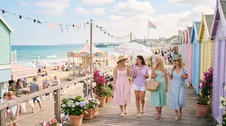 Pastel summer beach scene: four friends in light dresses walk a flower-lined boardwalk by pastel beach huts, carousel and ocean under bunting — 5K Ultra HD PC desktop wallpaper and background.