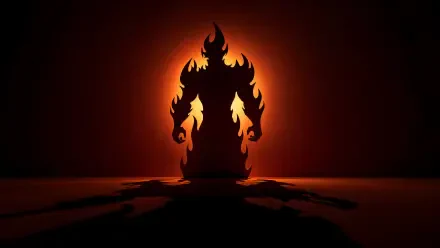 4K Ultra HD PC desktop wallpaper of a fire elemental silhouette backlit by a blazing orange glow, flames licking its form and casting a long shadow on a flat surface.