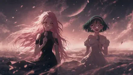 Alien Stage — 4K Ultra HD PC Desktop Wallpaper and Background: two anime girls stand on a luminous alien shore beneath moons and a pink-purple sky, petals drifting over a surreal sea.