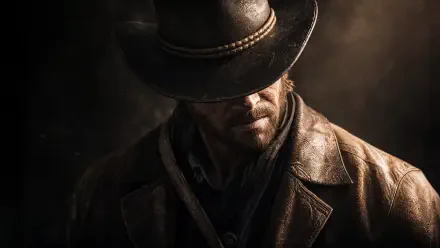 Arthur Morgan in a shadowed close-up, brimmed hat low and weathered leather coat, dramatic lighting — 4K Ultra HD PC desktop wallpaper and background.