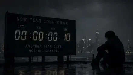 4K Ultra HD PC desktop wallpaper and background: moody rooftop at night with a New Year countdown billboard showing 00:00:00:10 and a lone silhouetted figure overlooking the wet city.