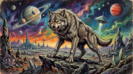 5K Ultra HD PC desktop wallpaper: snarling gray wolf prowls a colorful alien landscape with distant planets, a UFO, a futuristic city and crystalline rocks under a starry sky.