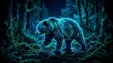5K Ultra HD PC desktop wallpaper/background showing a glowing black bear walking through a bioluminescent forest at night.