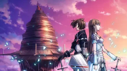Aincrad (Sword Art Online) 4K Ultra HD PC desktop wallpaper: two characters back-to-back with sword and shield, glowing motes drifting as the floating Aincrad tower rises beneath a pink-purple sky.