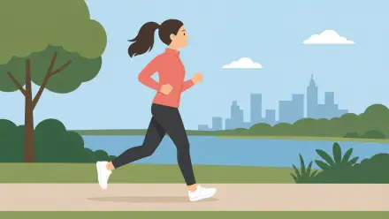 Jogging woman in athletic wear runs along a riverside path with trees and a distant city skyline — 4K Ultra HD PC desktop wallpaper background.