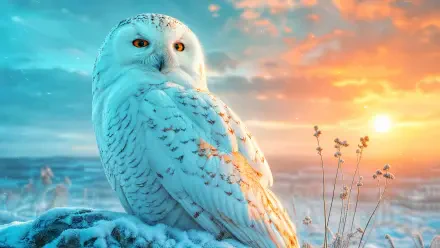 Snowy owl perched on a frost-covered rock at sunrise, vibrant sky and sharp detail — 4K Ultra HD PC desktop wallpaper.