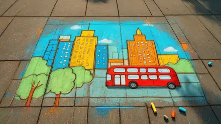 Sidewalk chalk art cityscape with trees and a red double-decker bus on pavement — 5K Ultra HD PC Desktop Wallpaper and Background.