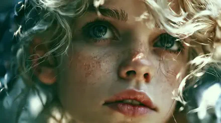 Close-up portrait of a freckled young woman with curly blonde hair and soft, dappled lighting; 2K Quad HD PC desktop wallpaper and background.
